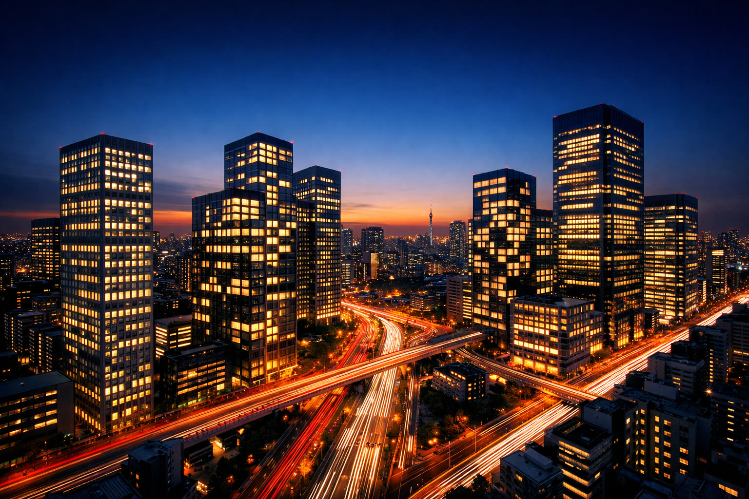 Modern cityscape at twilight